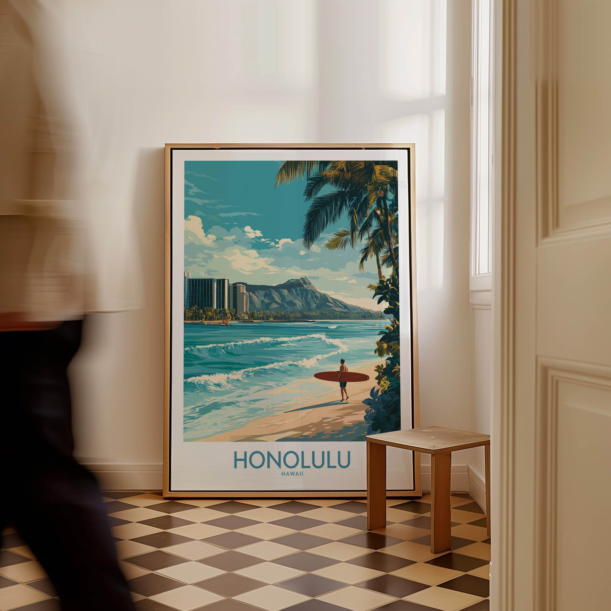 Honolulu Poster | Hawaii Surfing Canvas Print featuring a surfer by the beach in a vibrant landscape.