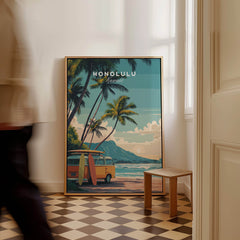 Honolulu Hawaii Travel Poster | Surf Van Beach Wall Art Print showcasing a vibrant surf van on a beautiful beach.
