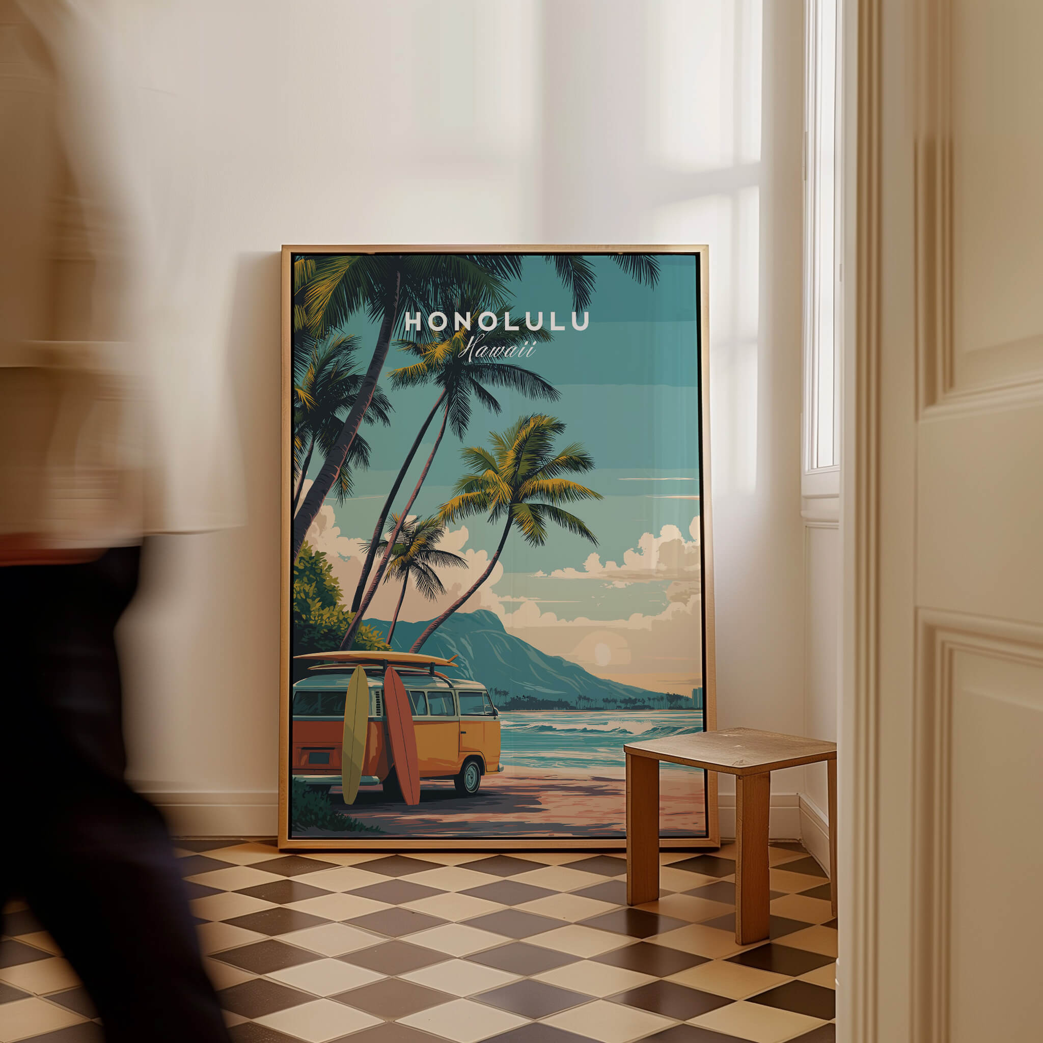 Honolulu Hawaii Travel Poster | Surf Van Beach Wall Art Print showcasing a vibrant surf van on a beautiful beach.