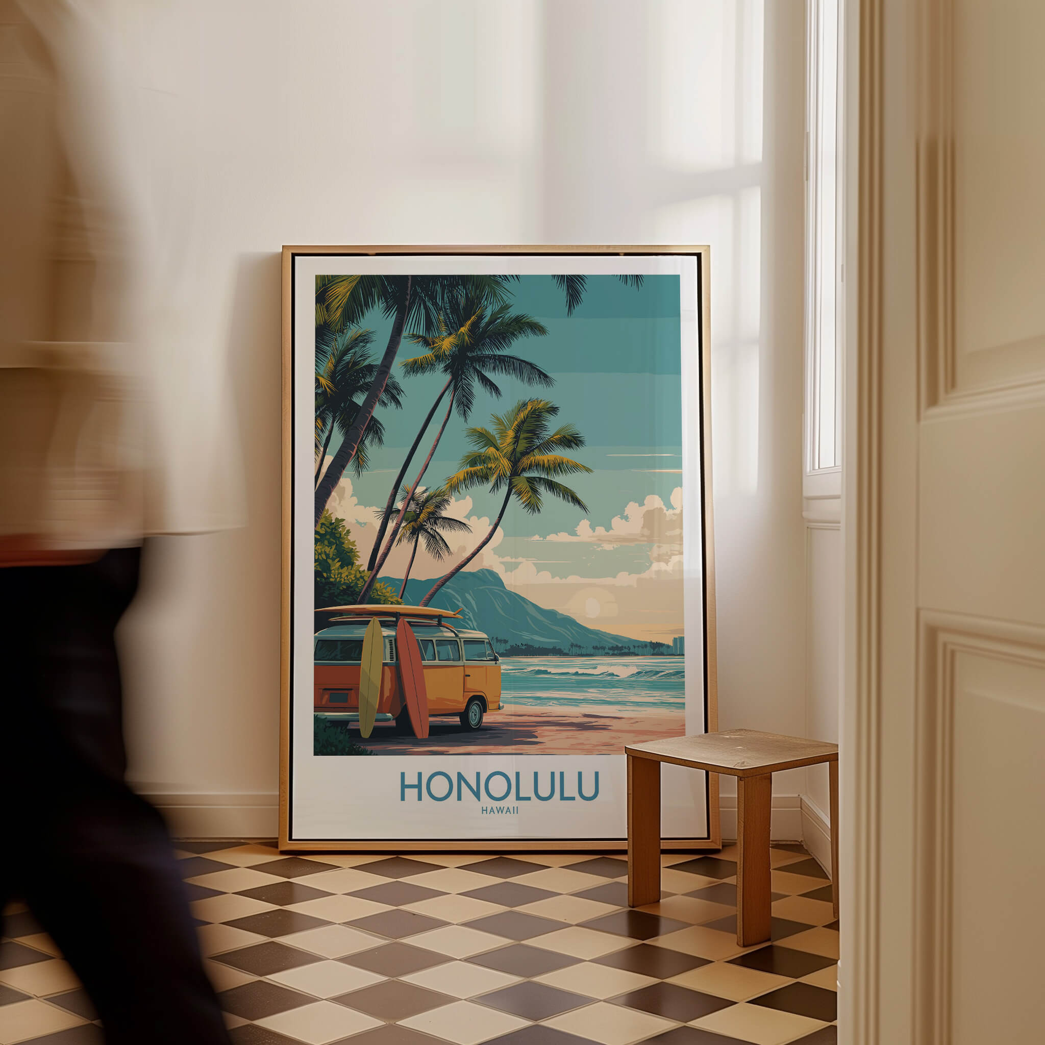 Honolulu Hawaii Poster | Vintage Aloha Style Canvas Print featuring a retro van and tropical scenery