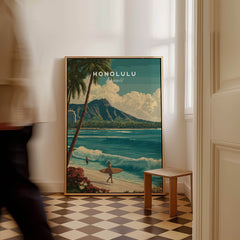 Honolulu Hawaii Wall Art Print | Waikiki Beach Surf Travel Poster featuring a surfer and scenic beach view.