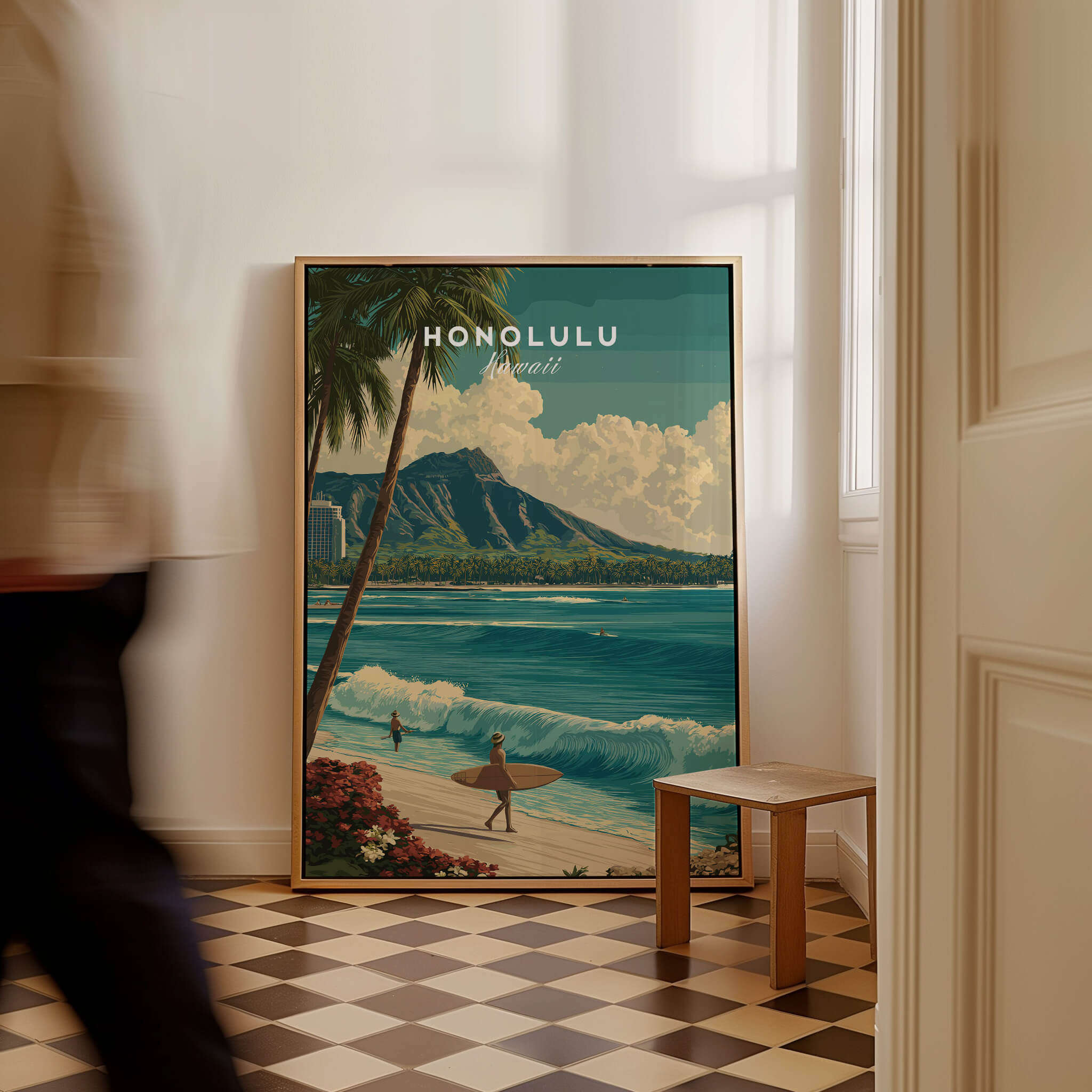 Honolulu Hawaii Wall Art Print | Waikiki Beach Surf Travel Poster featuring a surfer and scenic beach view.