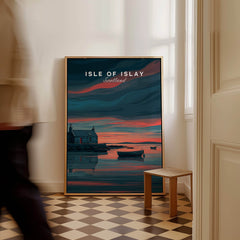 Isle of Islay Scotland Travel Posters | Highland Coastal House Wall Art Print featuring coastal scenery and atmospheric colors.