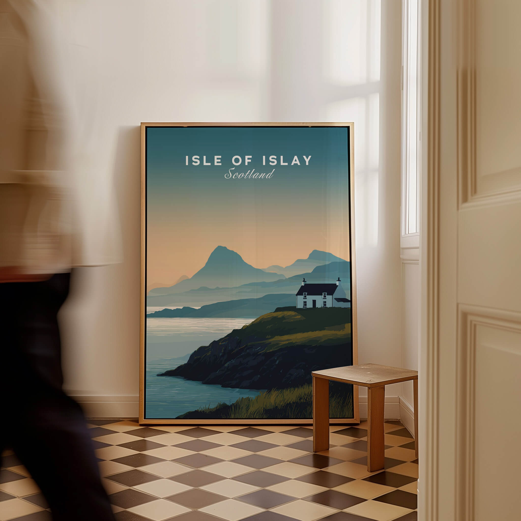 Isle of Islay Scotland Travel Poster showcasing stunning landscapes and rustic charm in a stylish interior setting.