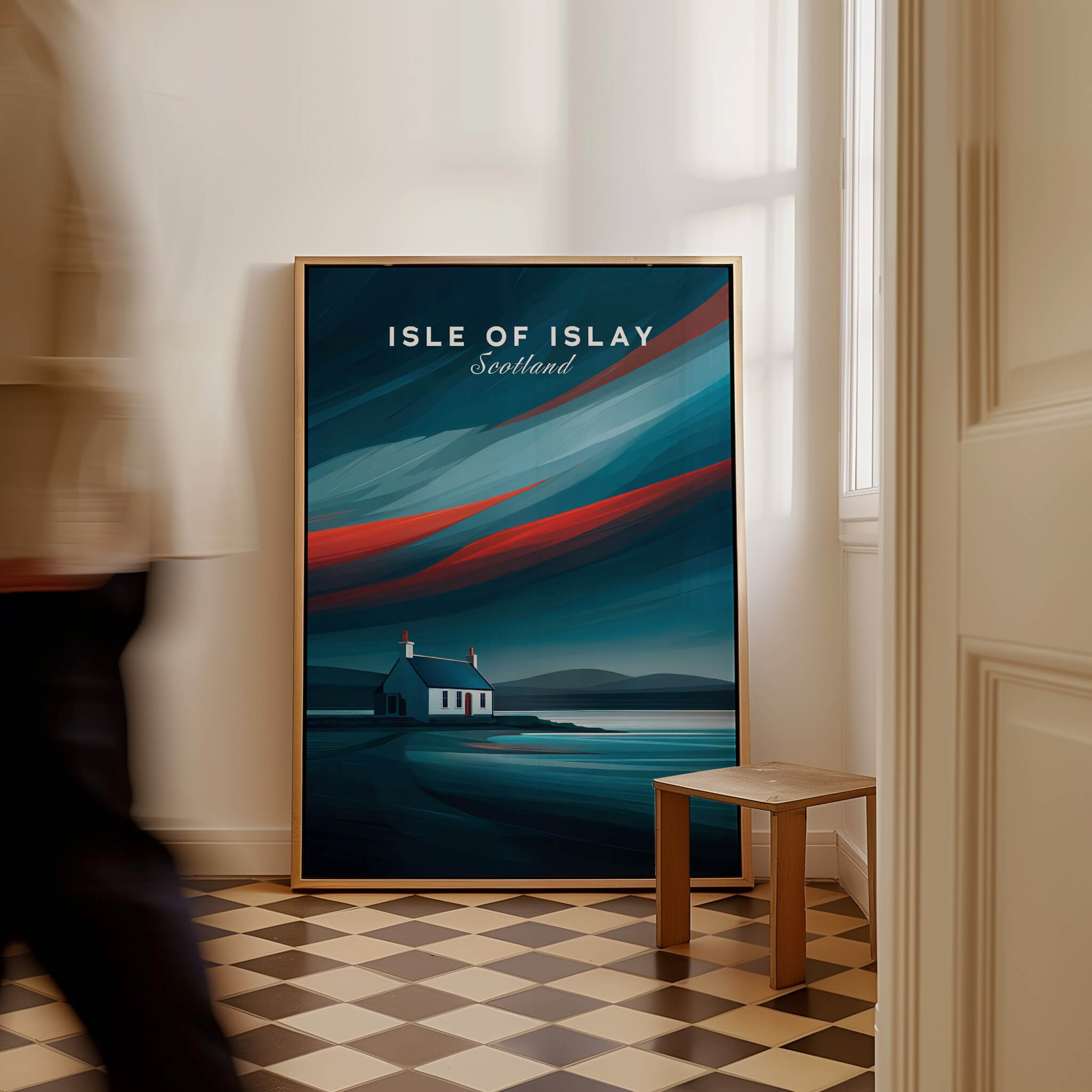 Isle of Islay Scotland Wall Art Print | Dramatic Sky Travel Poster displayed in a modern interior setting.