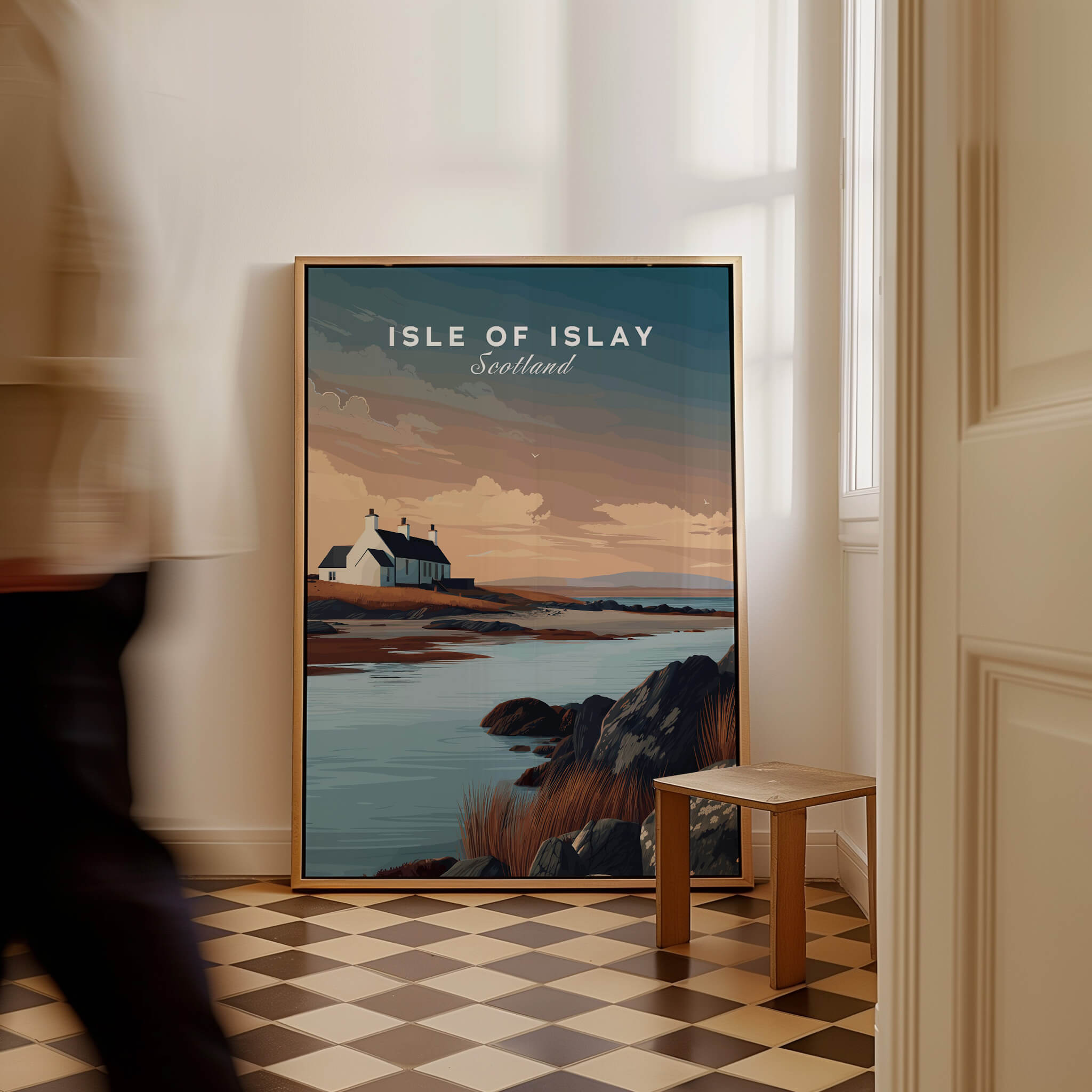 Isle of Islay Scotland Travel Posters | Scenic Coastal Cottage Wall Art Print displayed in a cozy interior.