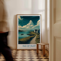 Isle of Islay Scotland Poster | Scottish Seaside Village Canvas Print displayed in a cozy interior setting.