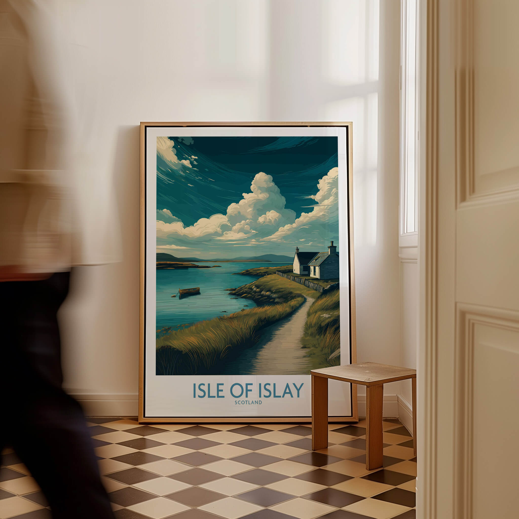 Isle of Islay Scotland Poster | Scottish Seaside Village Canvas Print displayed in a cozy interior setting.