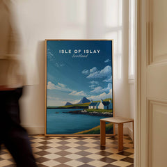 Isle of Islay Scotland Travel Posters | Sunny Coastal Wall Art Print in a modern interior setting.