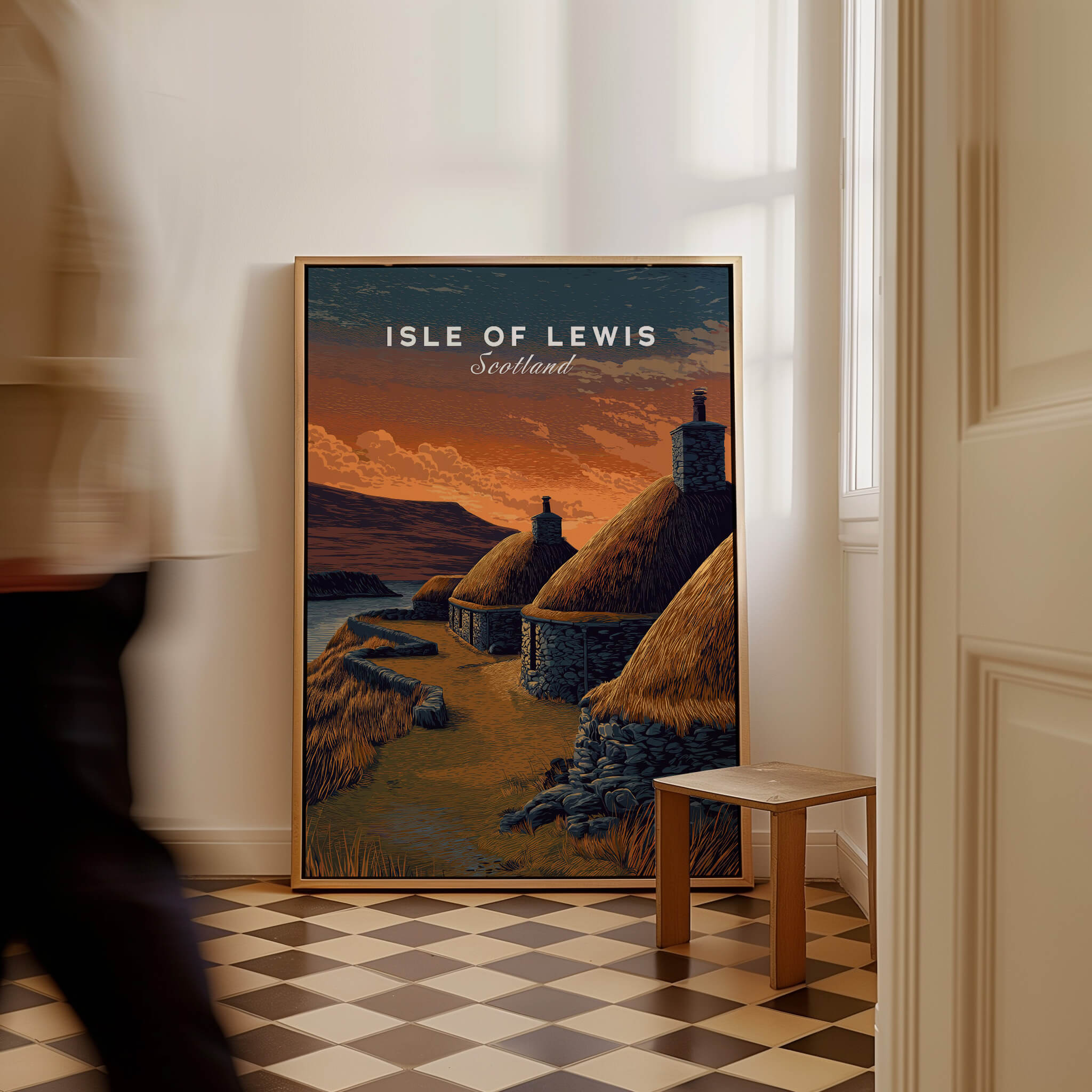 Isle of Lewis Scotland Travel Poster | Blackhouse Village Wall Art Print displayed in a cozy interior setting.