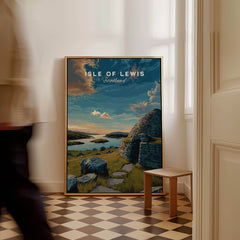 Isle of Lewis Scotland Travel Poster | Gearrannan Blackhouse Wall Art Print displayed in a cozy interior setting.
