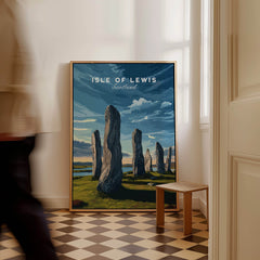 Isle of Lewis Scotland Wall Art Print | Callanish Standing Stones Travel Poster displayed in a stylish interior setting.