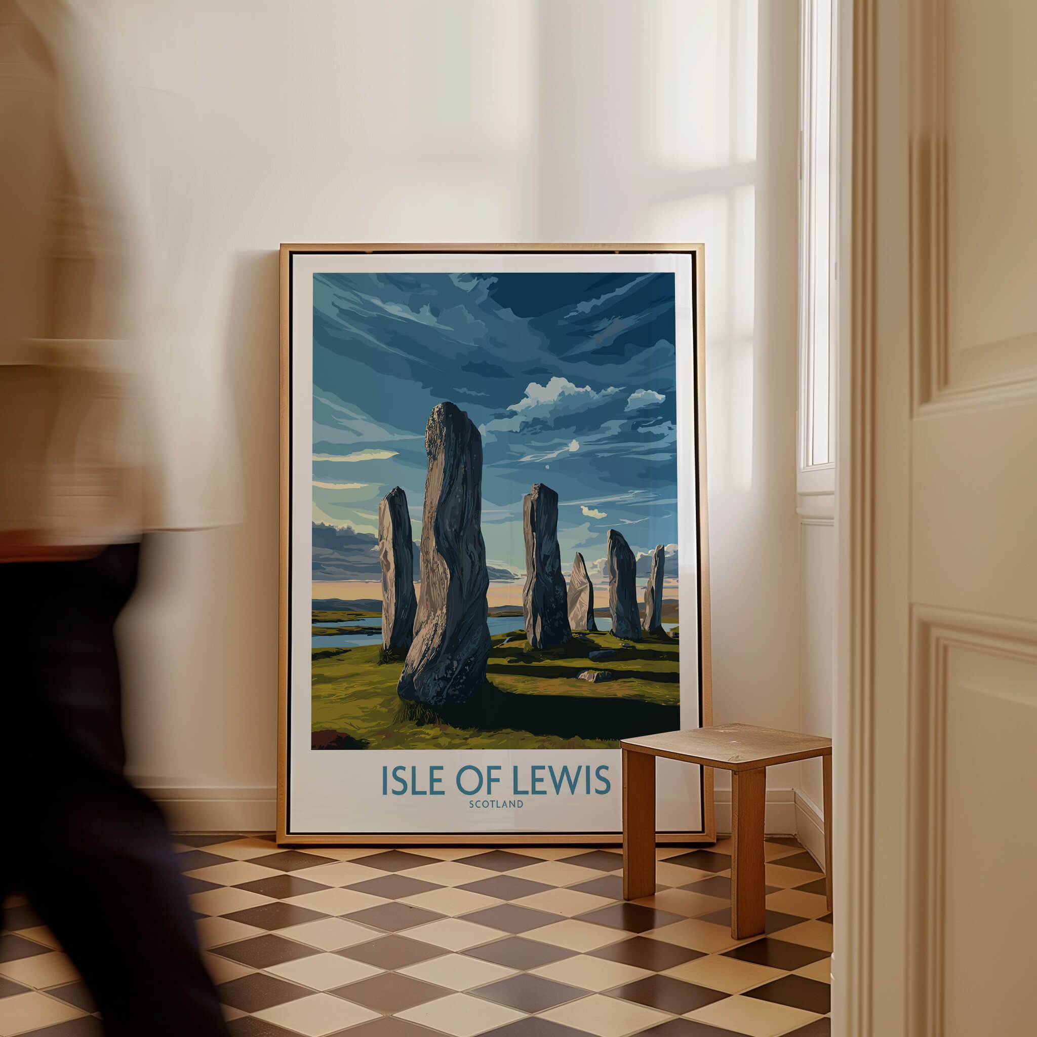 Isle of Lewis Scotland Poster | Ancient Megalithic Site Canvas Print displayed in a modern interior setting.