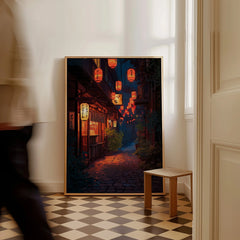 Framed Japan street art print with lanterns on floor, man walking past in modern hallway