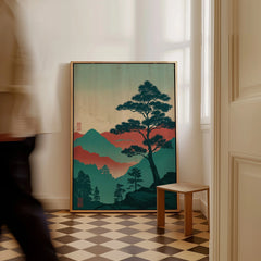 Framed Japanese woodblock landscape wall art with tree and mountains on checkered floor