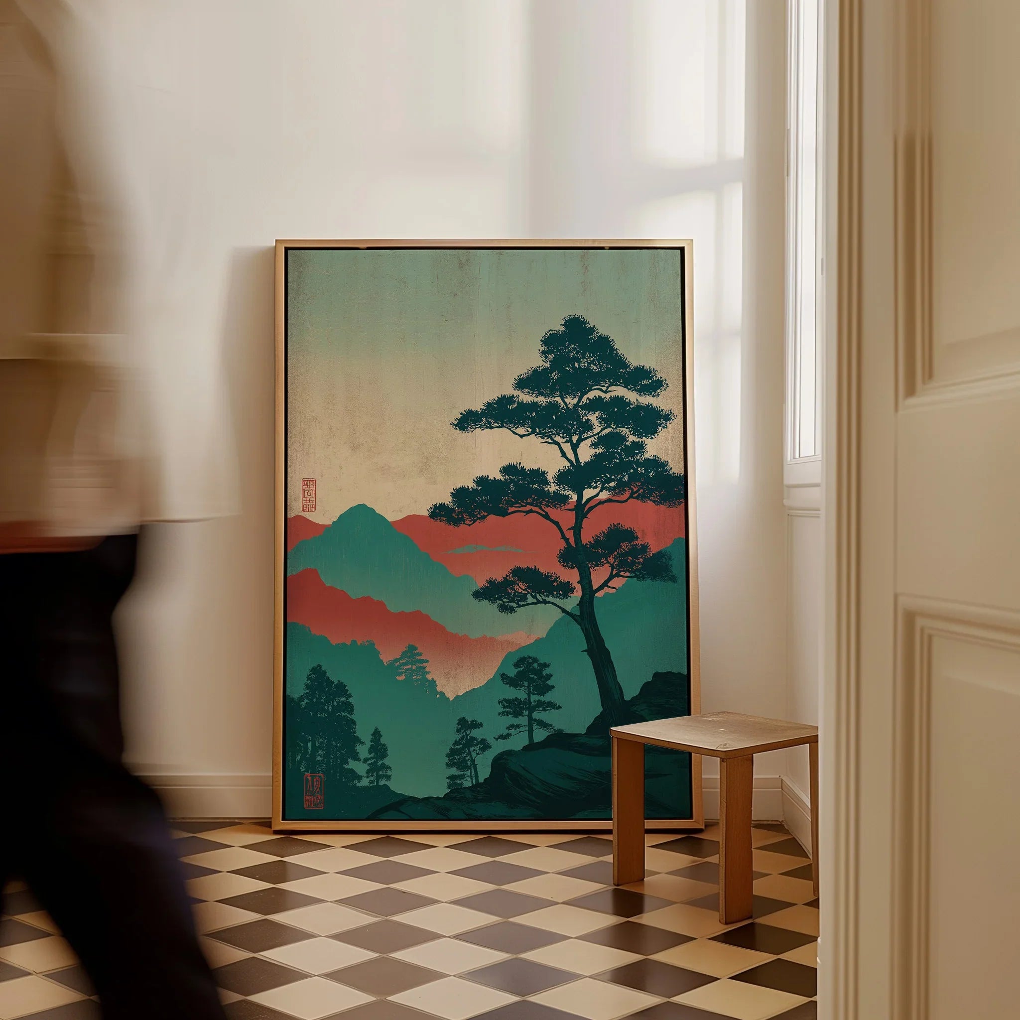 Framed Japanese woodblock landscape wall art with tree and mountains on checkered floor
