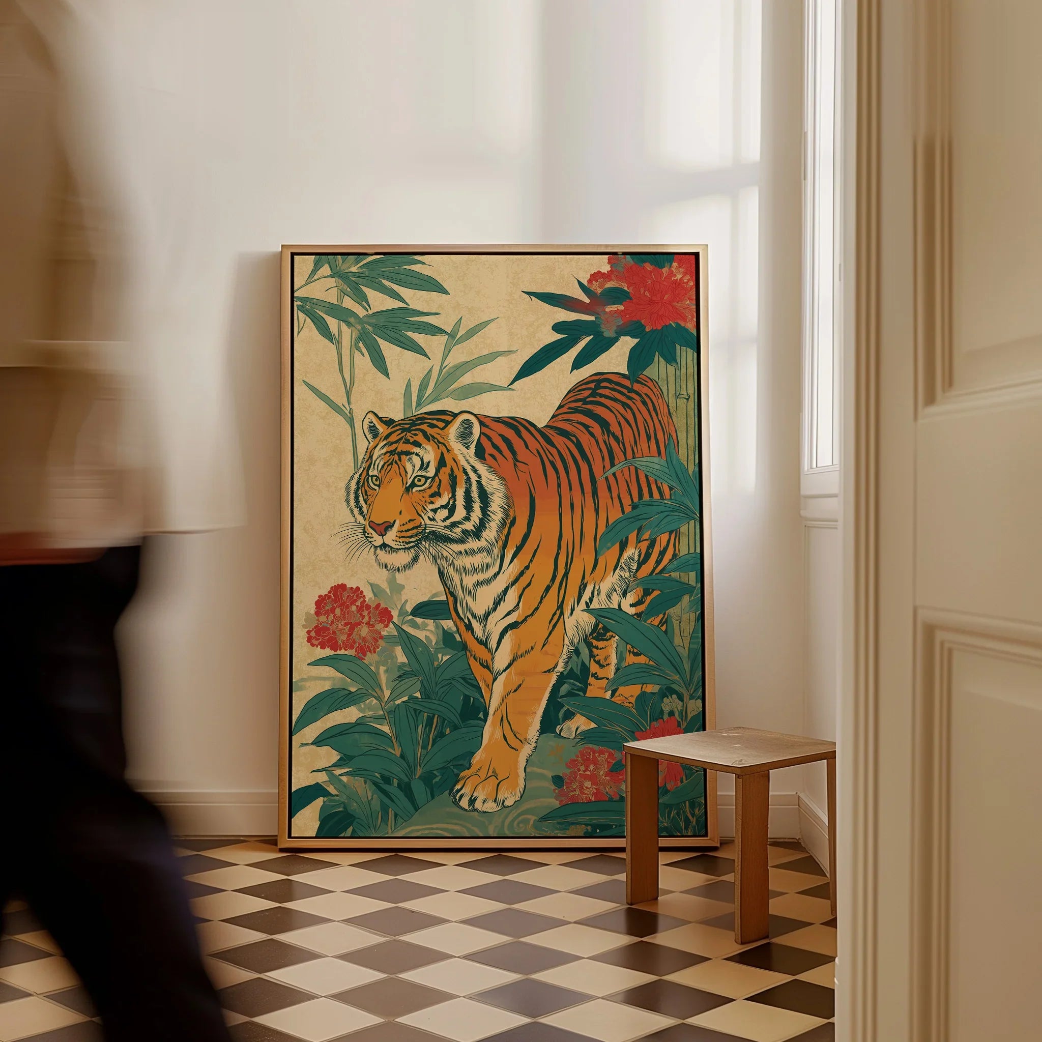 Japanese tiger framed wall art with floral and bamboo design on floor in bright room