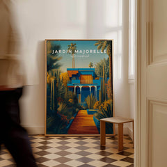 Jardim Majorelle Marrakesh Wall Art Print | Moroccan Blue Garden Travel Posters displayed in a stylish interior setting.