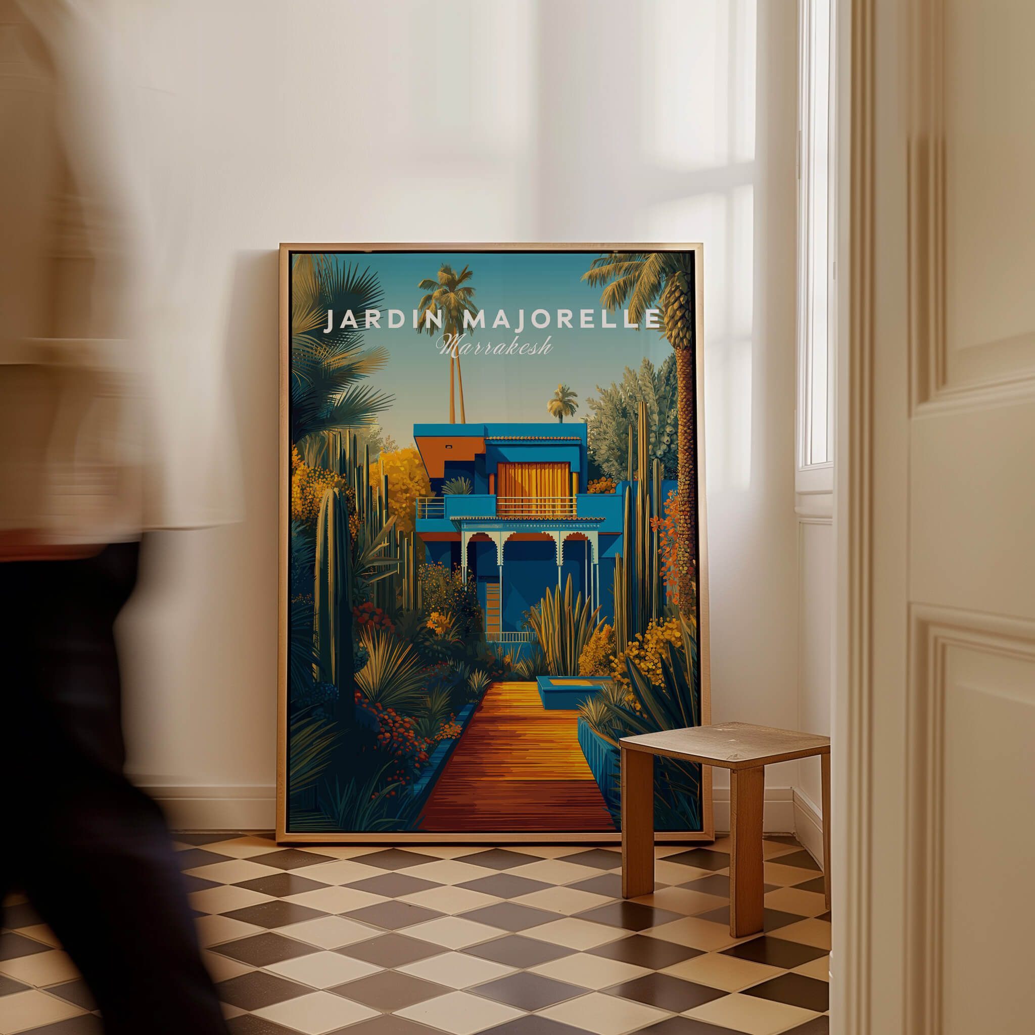 Jardim Majorelle Marrakesh Wall Art Print | Moroccan Blue Garden Travel Posters displayed in a stylish interior setting.