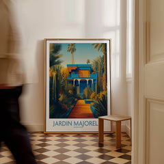 Jardim Majorelle Marrakesh Posters | Vibrant Architecture & Palms Canvas Print displayed in a stylish hallway.