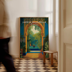 Jardim Majorelle Marrakesh Travel Posters | Moroccan Archway Garden Wall Art Print in a stylish interior setting.