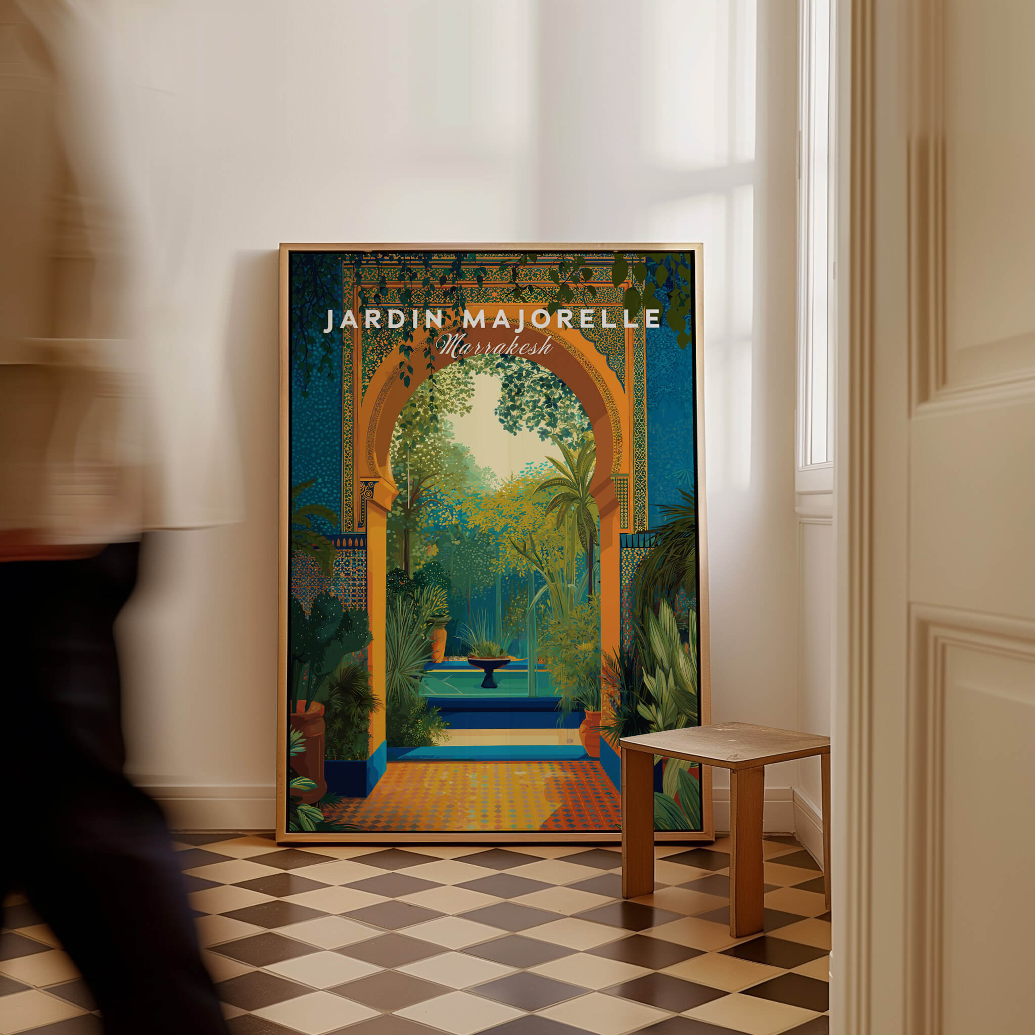 Jardim Majorelle Marrakesh Travel Posters | Moroccan Archway Garden Wall Art Print in a stylish interior setting.