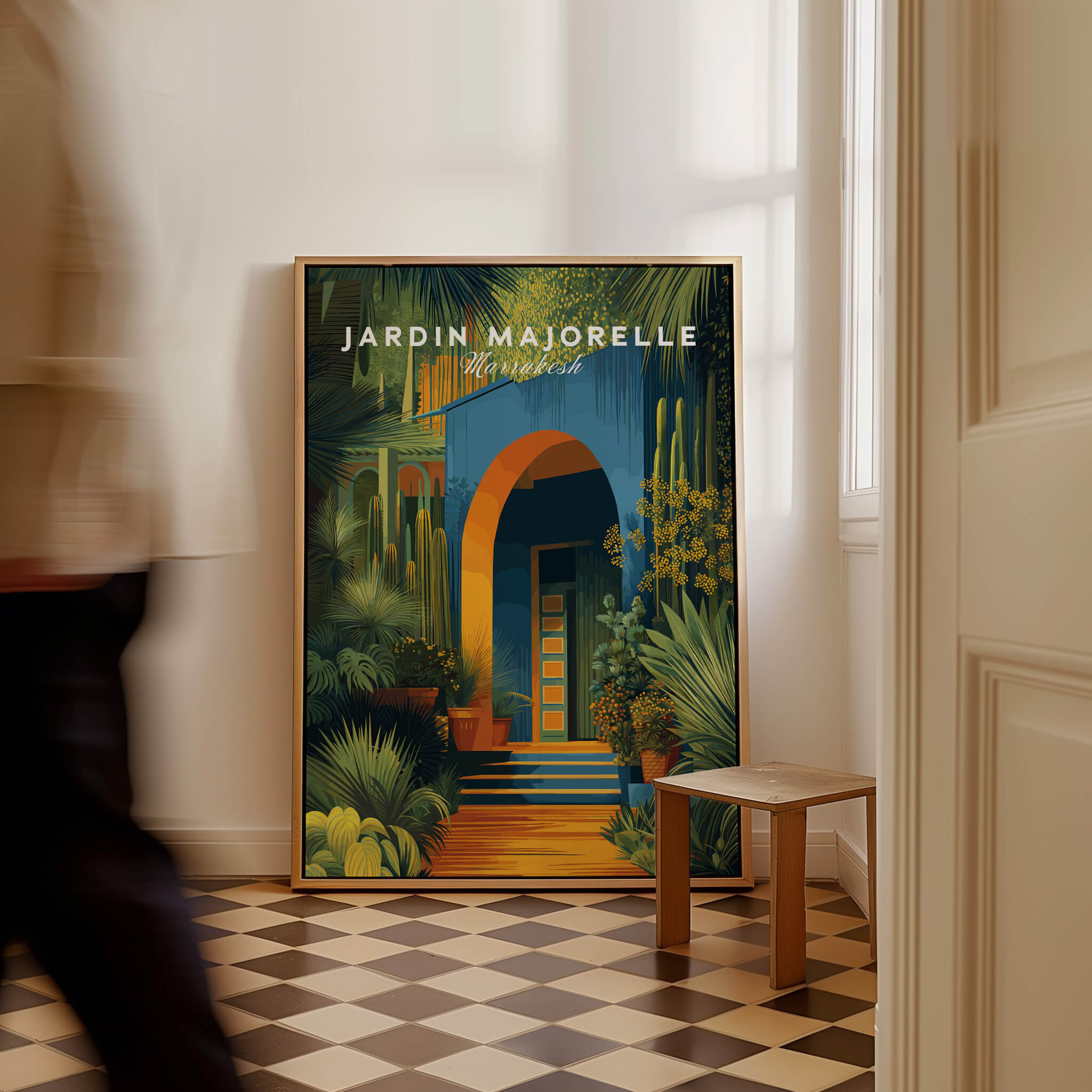 Jardim Majorelle Marrakesh Wall Art Print | Botanical Moroccan Villa Travel Poster displayed in a stylish interior.