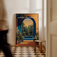 Jardim Majorelle Marrakesh Travel Posters | Garden Fountain Scene Wall Art Print in stylish interior setting.