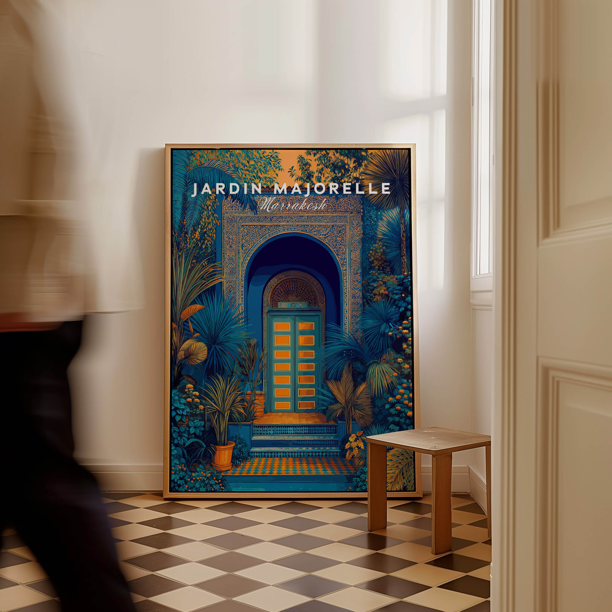 Jardim Majorelle Marrakesh Wall Art Print | Ornate Moroccan Doorway Travel Posters on display in a stylish interior.