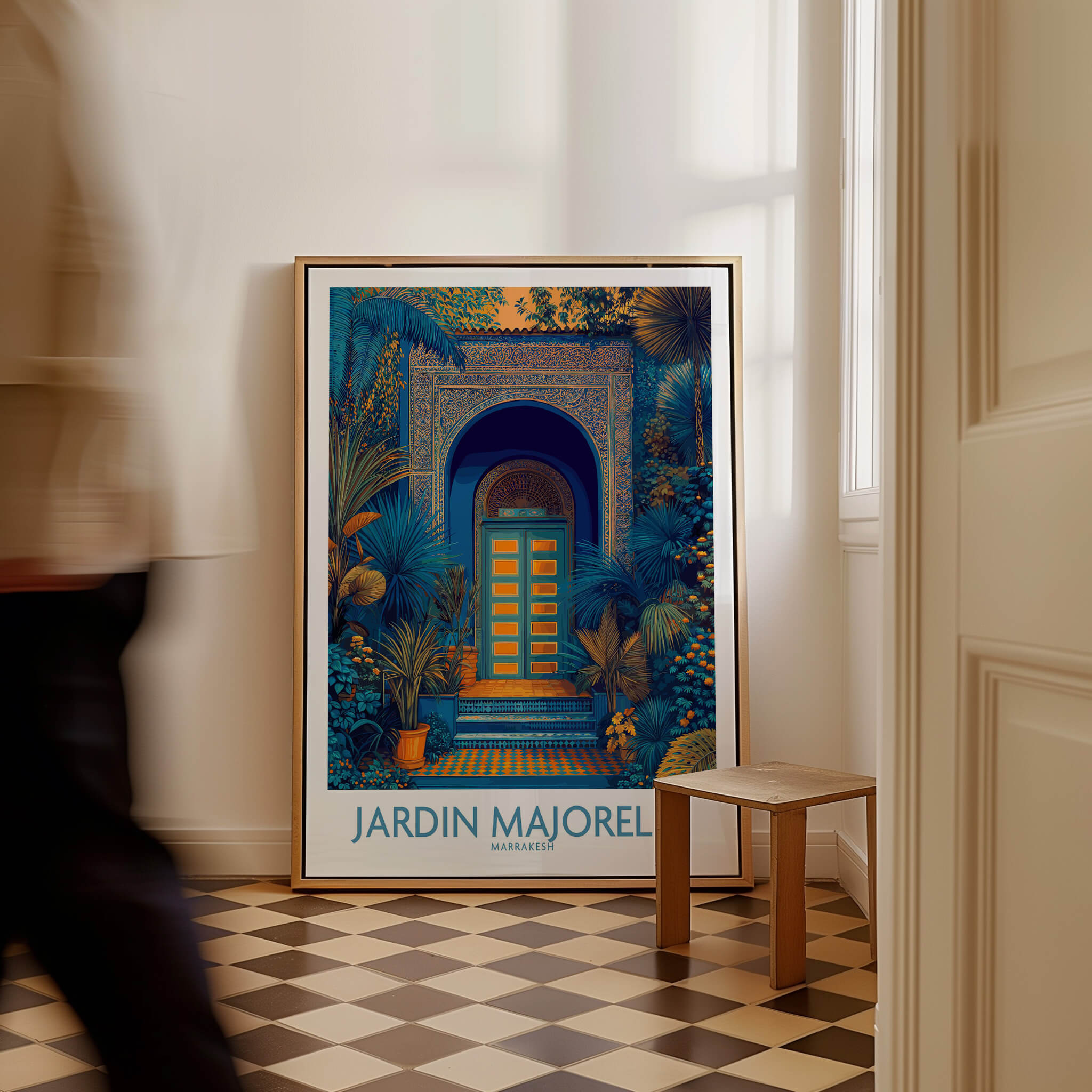 Jardim Majorelle Marrakesh Posters | Detailed Blue Architecture Canvas Print displayed in a stylish interior.