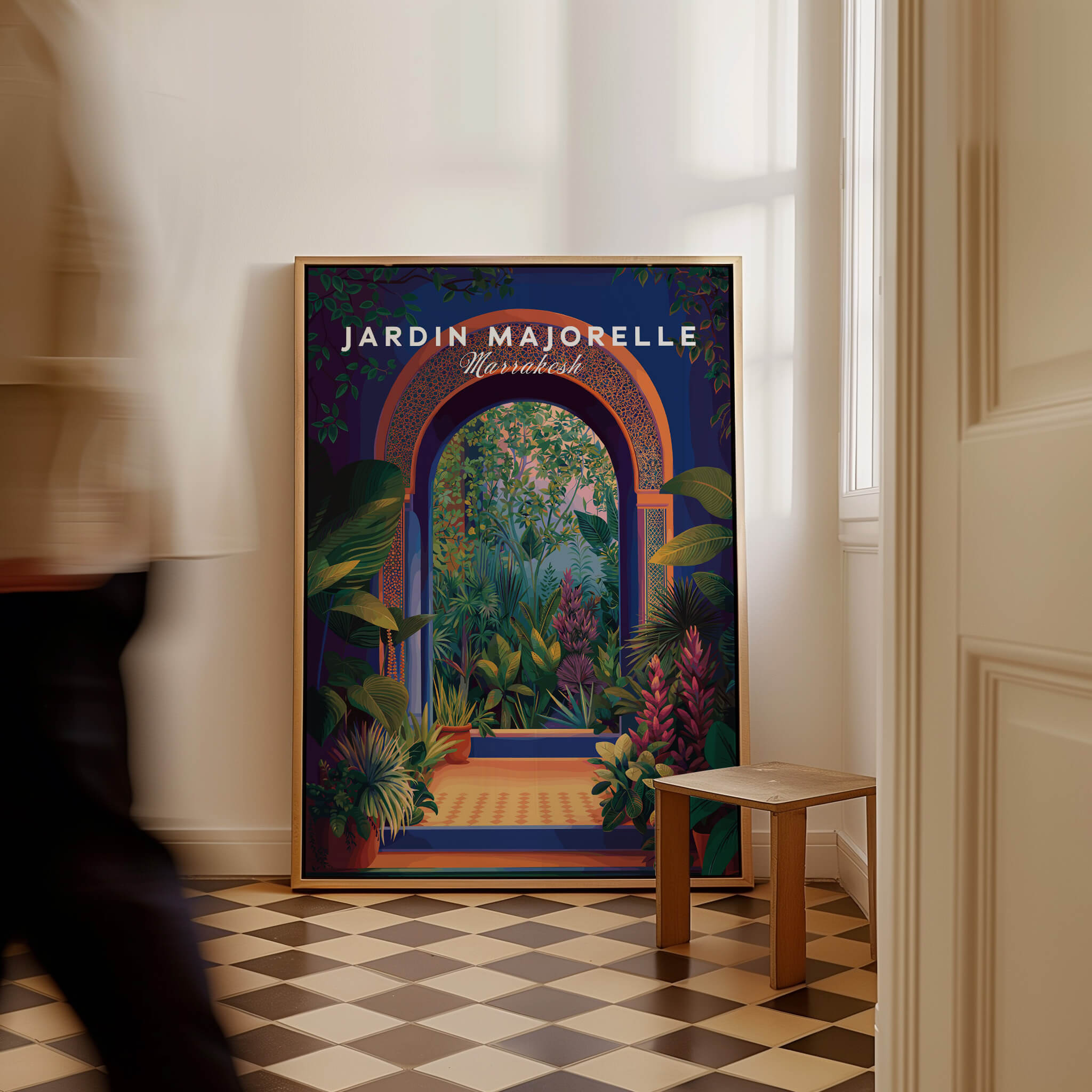 Jardim Majorelle Marrakesh Travel Poster | Lush Tropical Garden Wall Art Print displayed in a stylish interior setting.