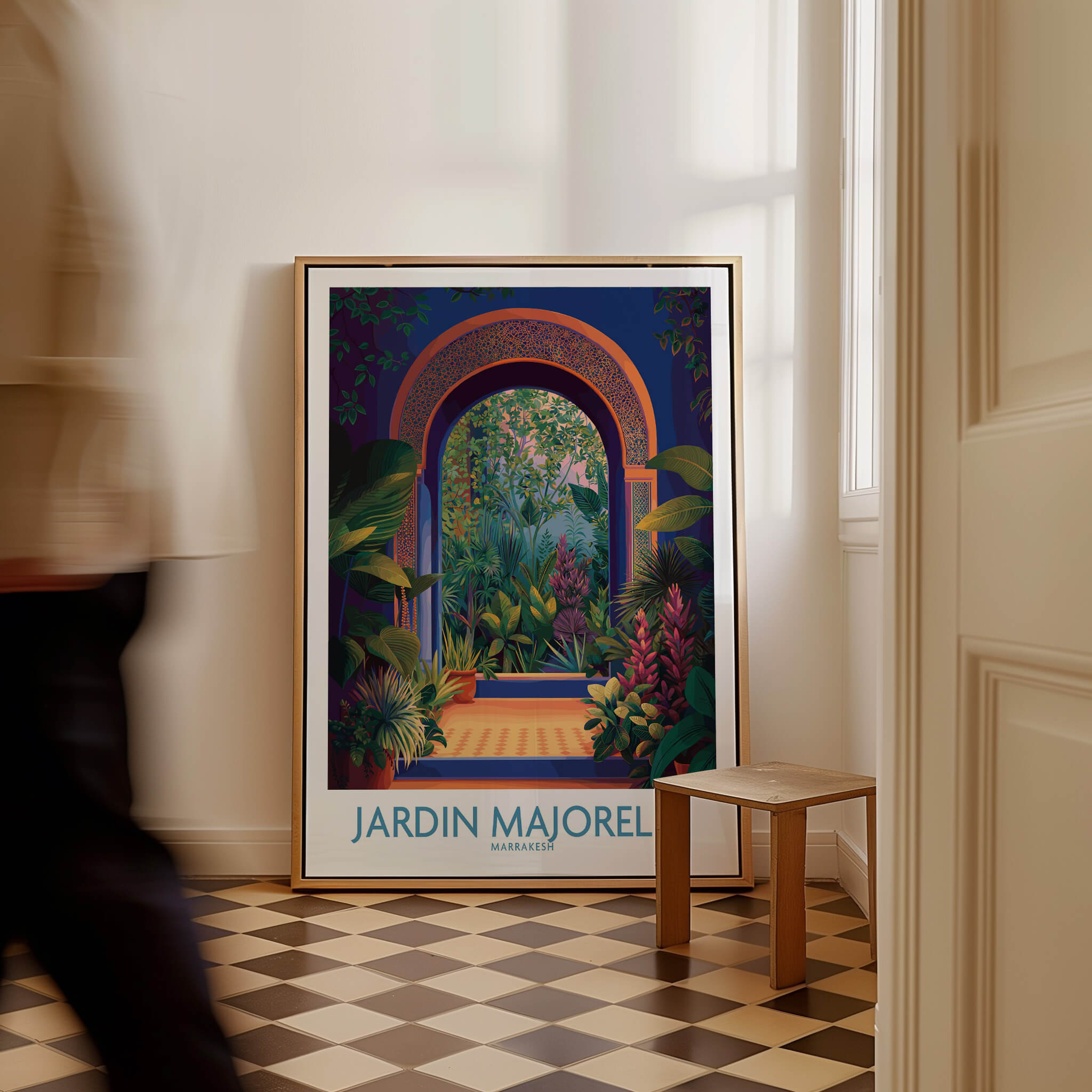 Jardim Majorelle Marrakesh Canvas Print | Colorful Moroccan Landscape Poster displayed in a stylish interior setting.