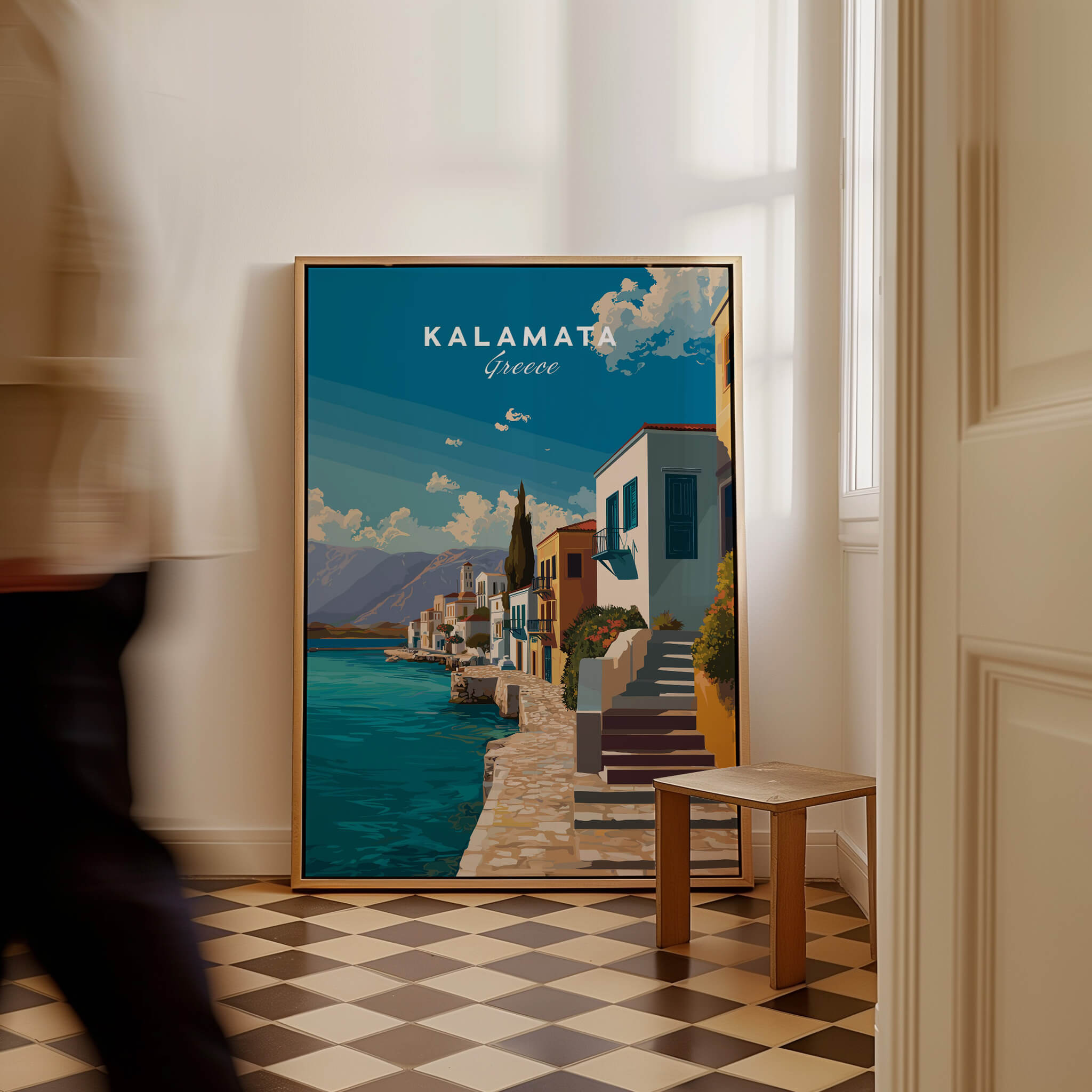 Kalamata Greece Wall Art Print | Mediterranean Seaside Town Travel Poster displayed in a stylish interior.