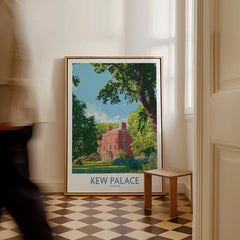 Framed Kew Palace London travel poster on checkered floor, man walking past in hallway