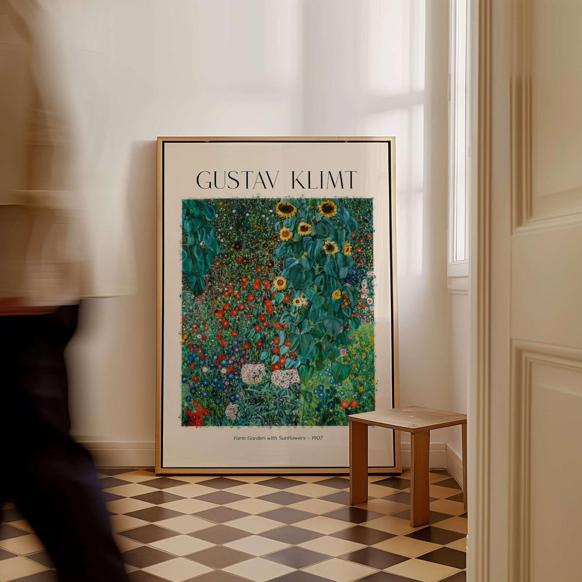 Gustav Klimt Art Print - Farm Garden with Sunflowers 1907 - Art Nouveau Landscape Poster Wall Decor displayed in a stylish interior.