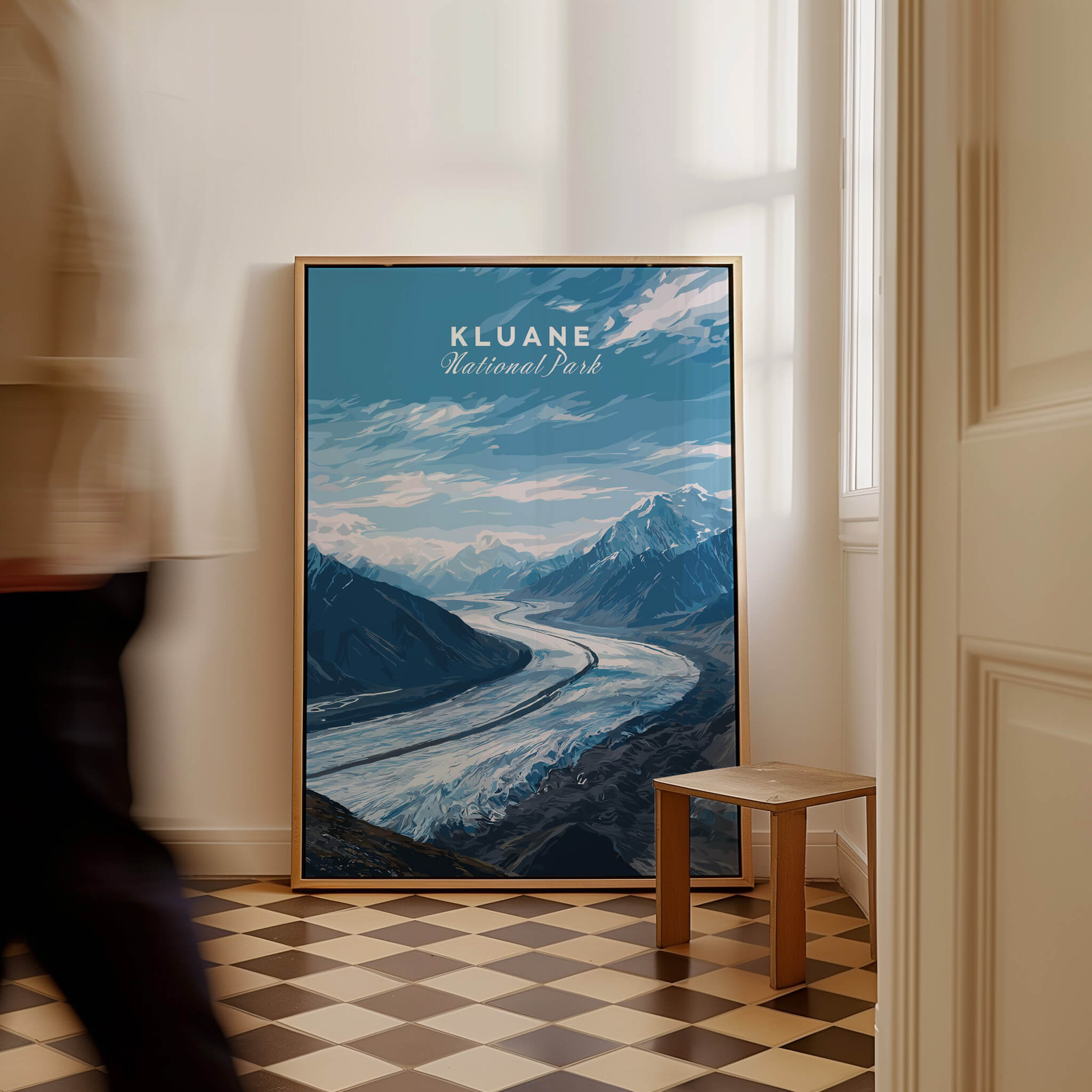 Kluane Wall Art Print National Park Canada | Yukon Glacier Landscape Travel Poster hanging in a stylish interior setting.