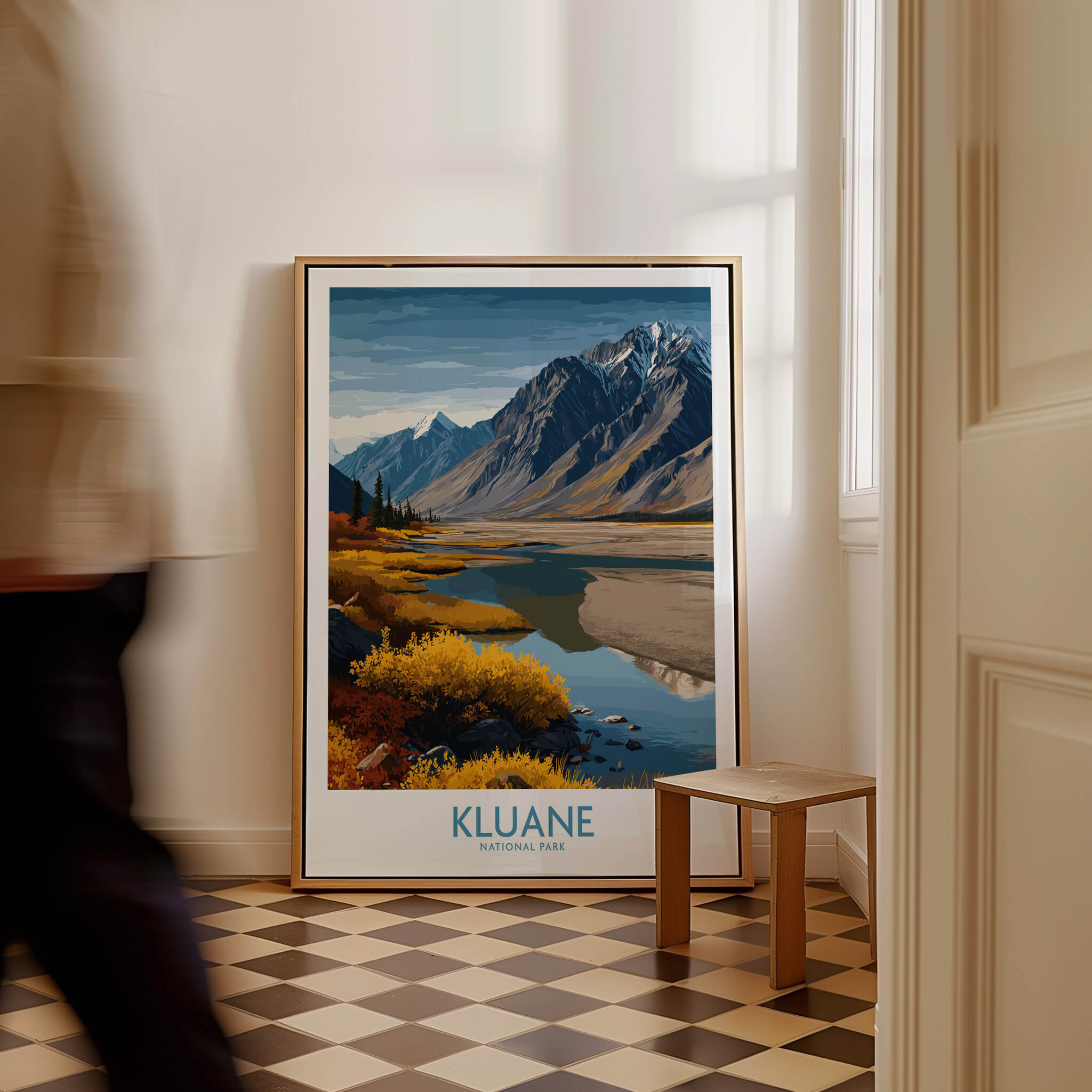 Kluane National Park Canada Canvas Print | Mountain Poster displayed in a room with a person walking by.