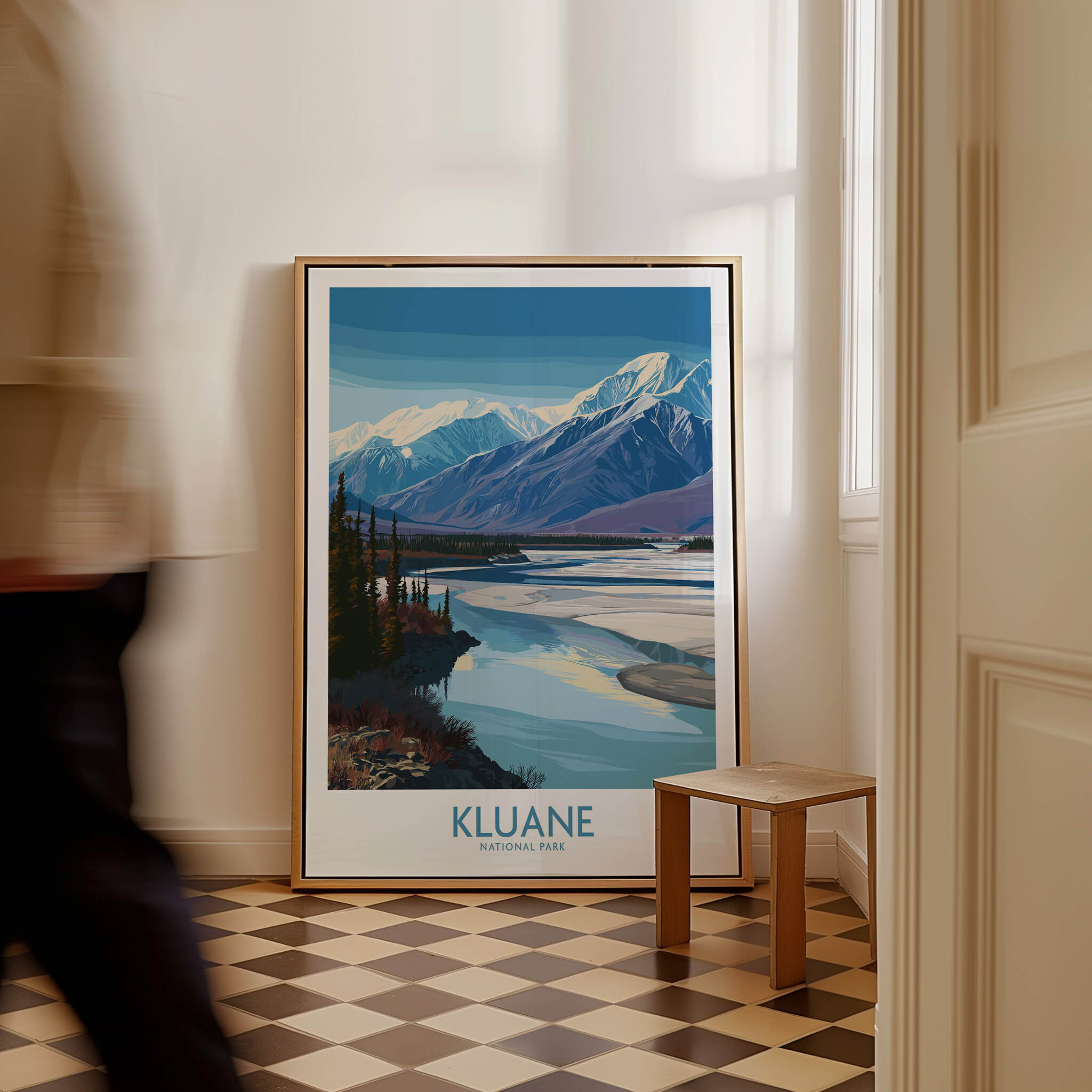 Kluane National Park Canada Poster | Blue Glacier Water Landscape Canvas Print displayed in a stylish room setting.