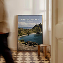 Komodo Island travel poster framed on floor with scenic landscape and Komodo dragon art