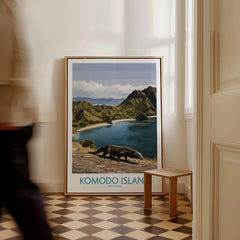 Framed Komodo Island travel poster with landscape and Komodo dragon on checkered floor
