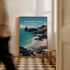 Kynance Cove Cornwall Wall Art Print | British Coastline Landscape Travel Poster featuring turquoise waters and cliffs.