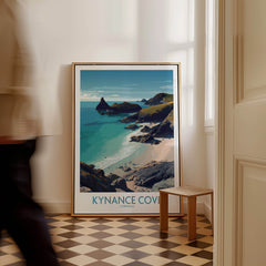Kynance Cove Cornwall Poster | Scenic Sea Cliffs & Beach Canvas Print displayed indoors, showing waves and cliffs.