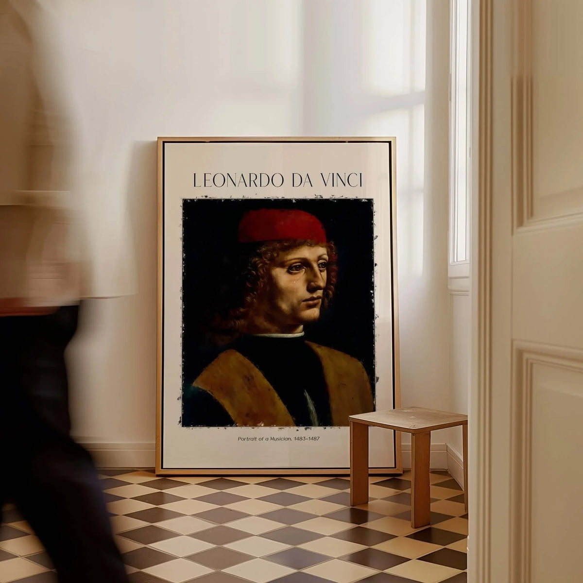 Leonardo da Vinci Art Print -  Portrait of a Musician 1480s Early Male Portrait Art Print displayed in a stylish room setting.