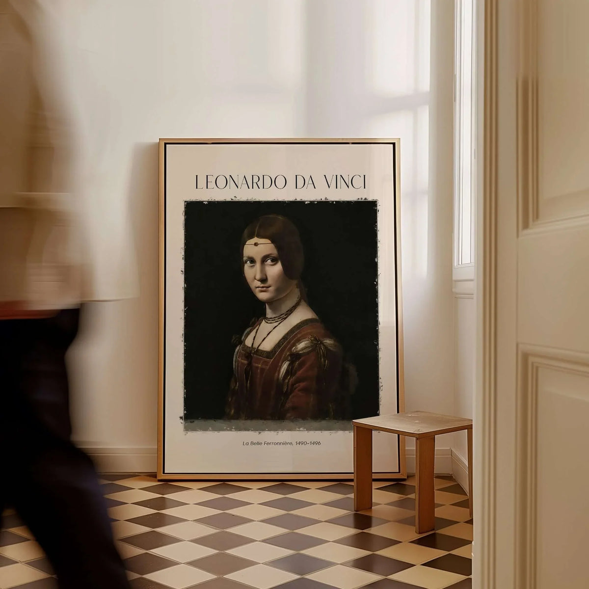 Leonardo da Vinci La Belle Ferronnière 1490s Renaissance Portrait Art Print displayed in a stylish interior setting.