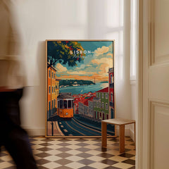 Lisbon Travel Print showcasing vibrant streets and iconic tram in Lisbon, Portugal, perfect for home decor.