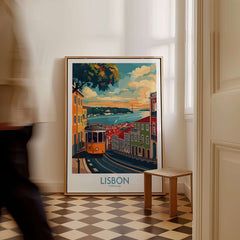 Lisbon Print - Portugal featuring vibrant yellow tram in scenic view of Lisbon's architecture and landscape.