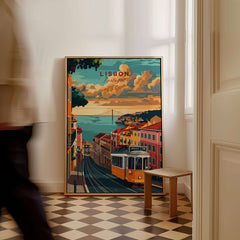 Lisbon Travel Poster showcasing iconic Tram 28 against a scenic backdrop in a stylish home interior.