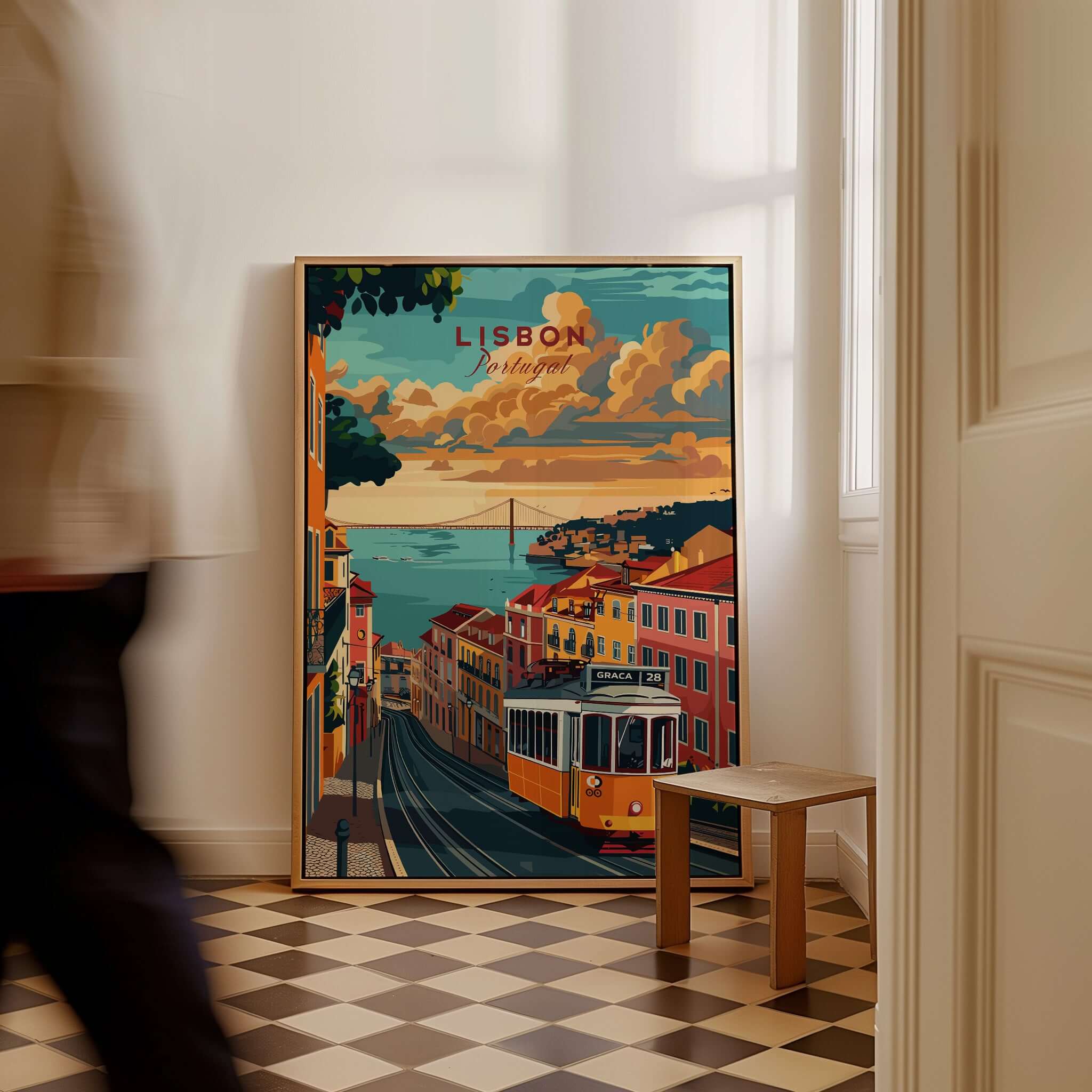 Lisbon Travel Poster showcasing iconic Tram 28 against a scenic backdrop in a stylish home interior.
