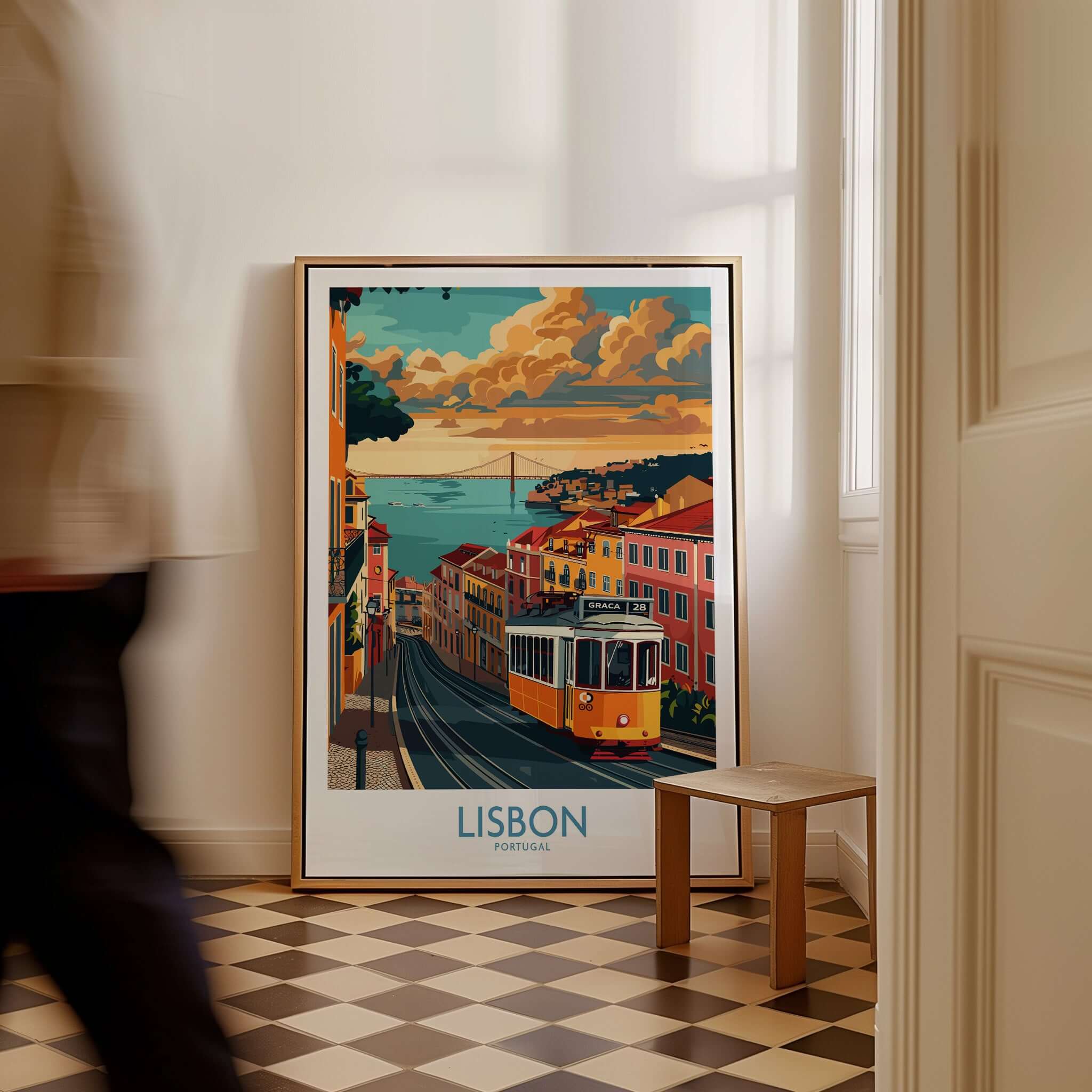 Lisbon Poster - Portugal featuring Tram 28 in a charming Lisbon scene, perfect for home decoration.