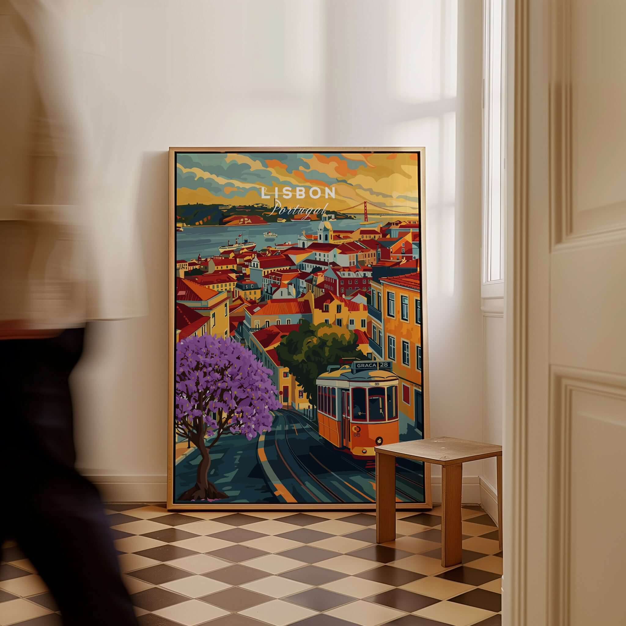 Lisbon Wall Art Poster featuring vibrant buildings, Tram 28, and Jacaranda trees in a charming setting.